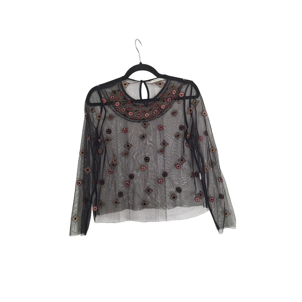 Zara Basic Black Sheer Mesh Beaded Embroidered Long Sleeve Top Womens Medium